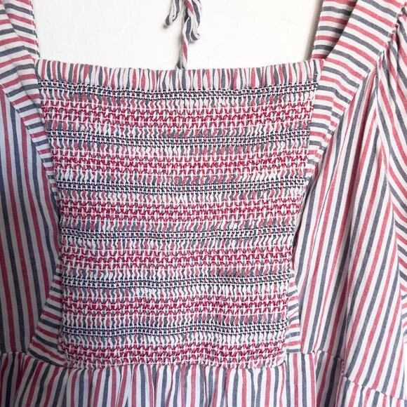 Old Navy Midi Dress Size XL Red White Blue Striped Ruffle Smocked Patriotic Maxi - Picture 2 of 9